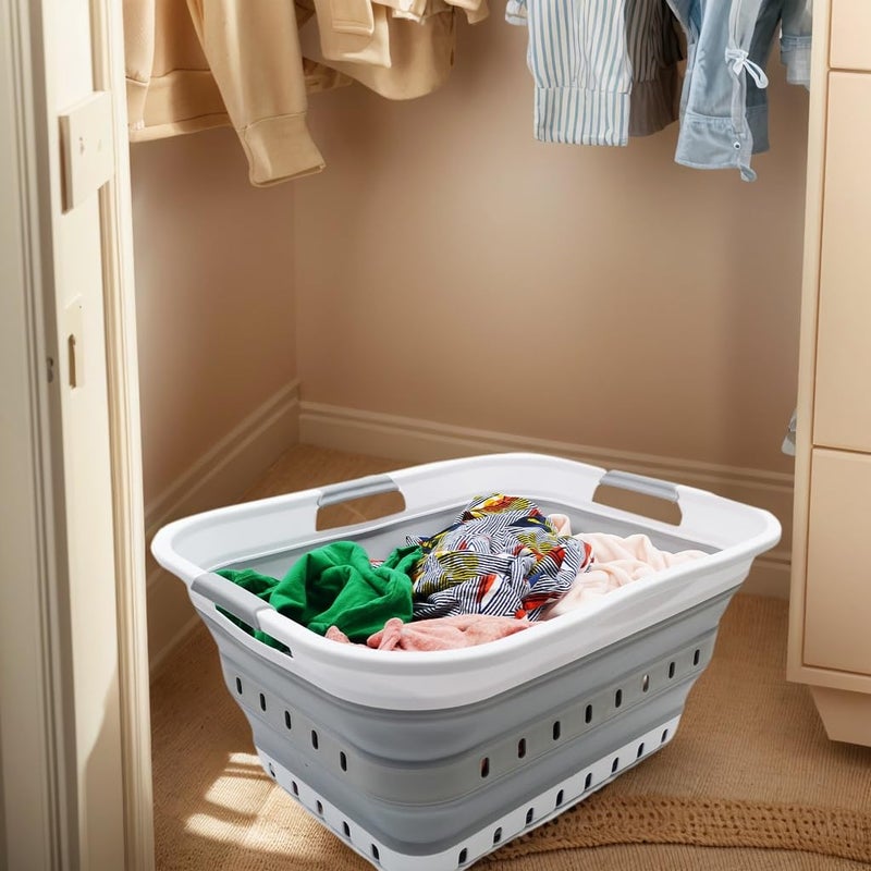 SAMMART 42L (11 gallon) Collapsible Plastic Laundry Basket - Foldable Pop Up Storage Container/Organizer - Space Saving Hamper/Basket (1, White/Grey) - Image 5